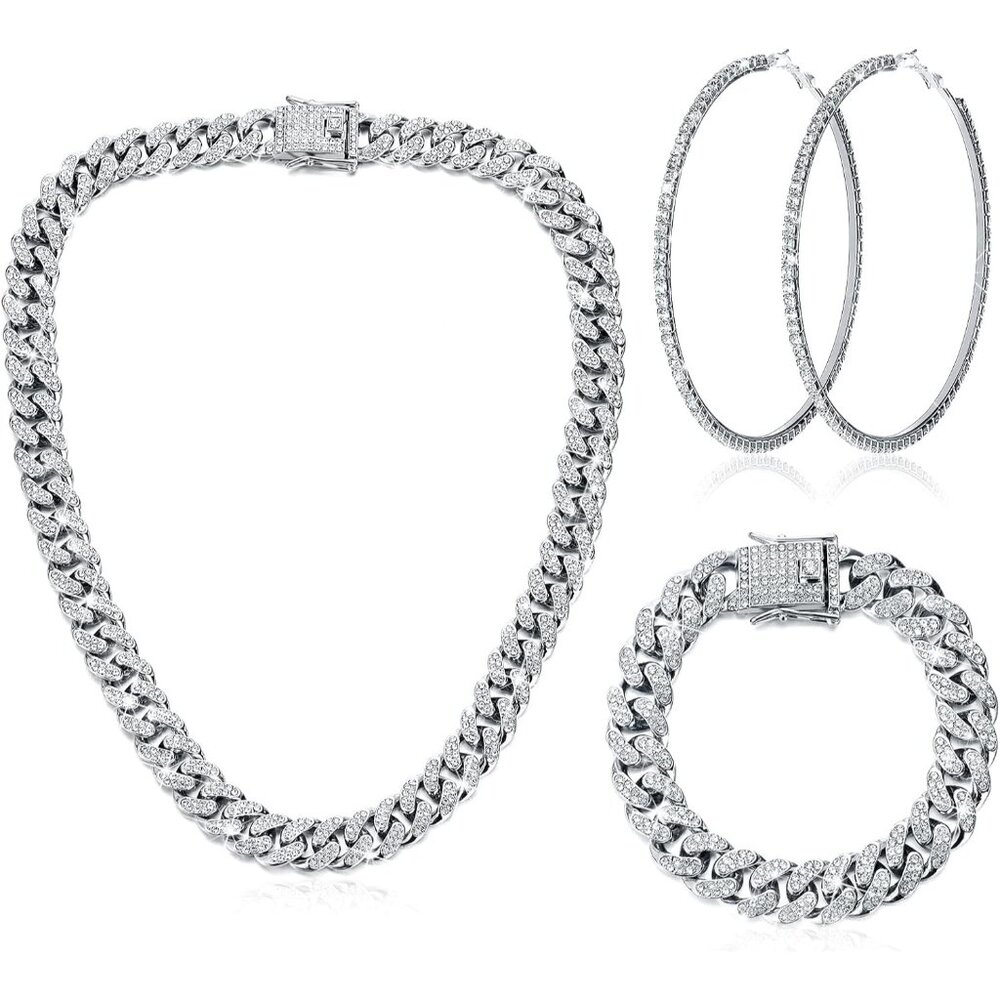 Cuban Link Chain Necklace Bracelet Set, Rhinestone Earrings, Bling Jewel…